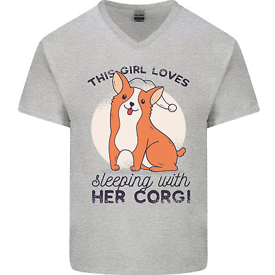 Sleeping With Her Corgi Funny Mens V-Neck Cotton T-Shirt