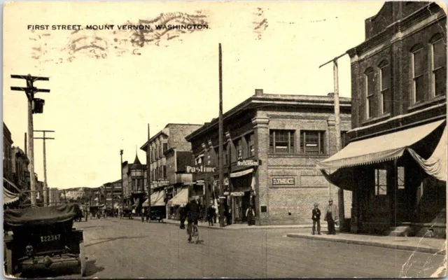 Postcard 1917 Mount Vernon First Street View Cars Bikes Washington A117