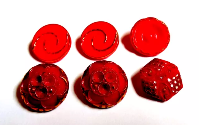 Six Vintage Red Glass Buttons - 5/8" Two Designs