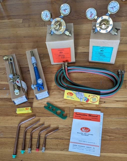 Vintage MECO Welding Cutting Torch Kit Tips Regulator and more! Very fine! lot