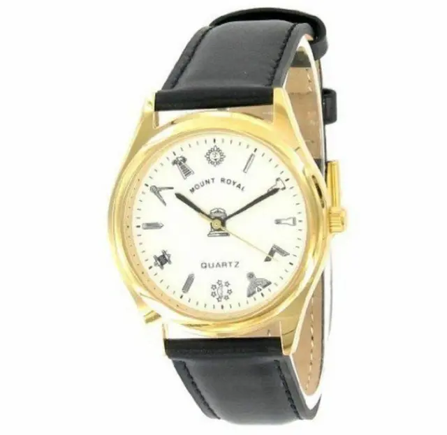 Masonic Wrist Watch, Gold Plated White Dial Black Strap – LR084