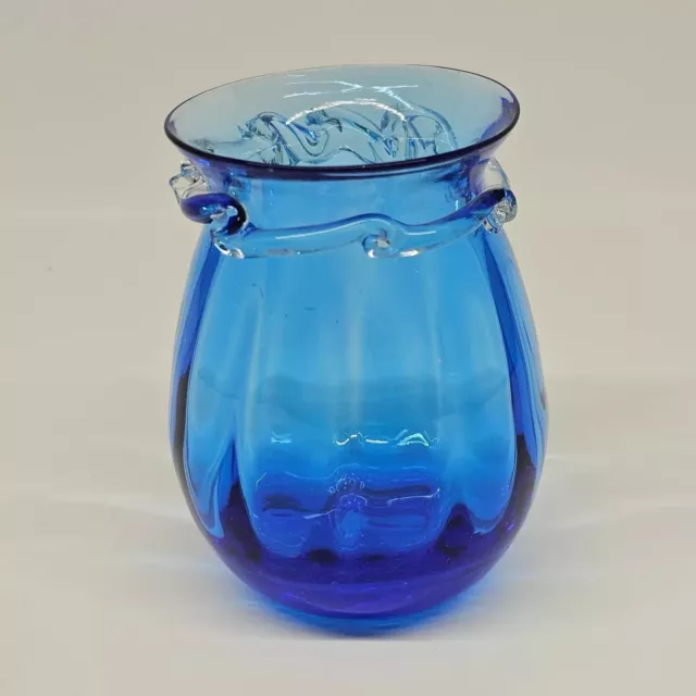 Pilgrim Glass Co Cobalt Blue Hand Blown Paneled 3.5" Vase Swirled Collar