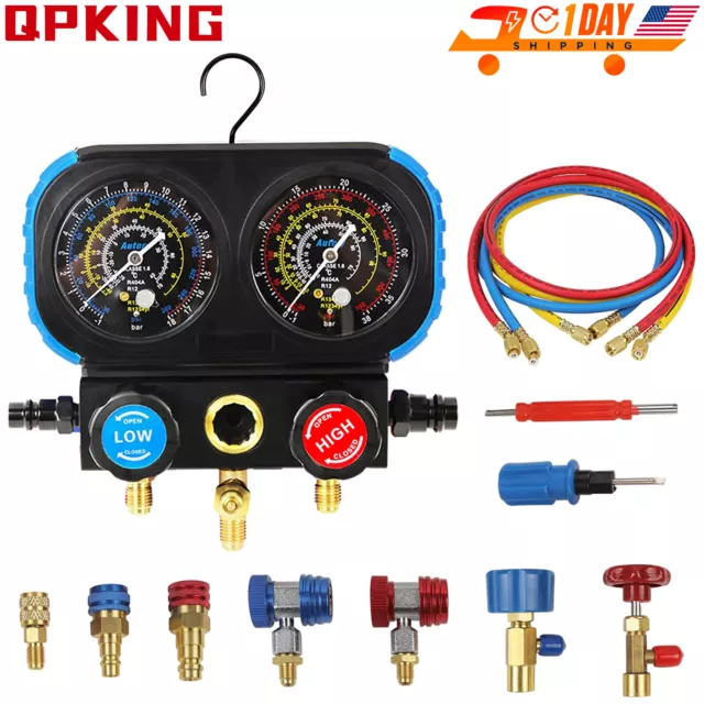 Refrigerant Manifold Gauge HVAC Gauges 3 Way Freon AC Gauge Kit W/ Adapter/Hoses