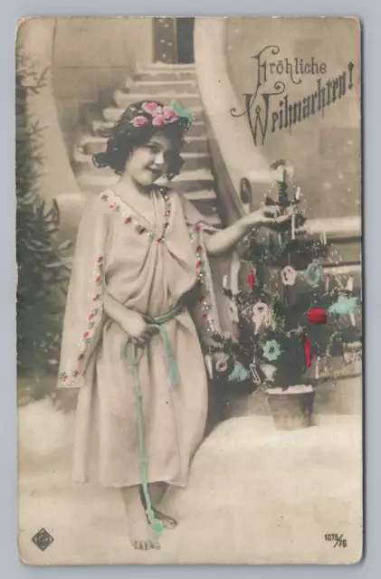 Little Girl w Miniature Christmas Tree RPPC Antique German Photo Postcard 1910s
