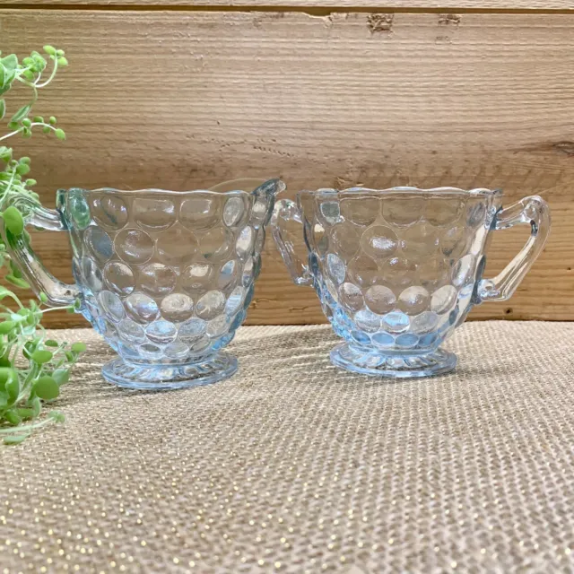 Bubble Blue Glass Set Of Cream and Sugar Bowl By Anchor Hocking Vintage