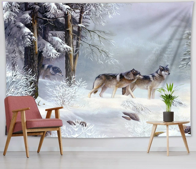Winter Snow Forest Wolves Tapestry Wall Hanging Blanket Bedroom Dorm Decor