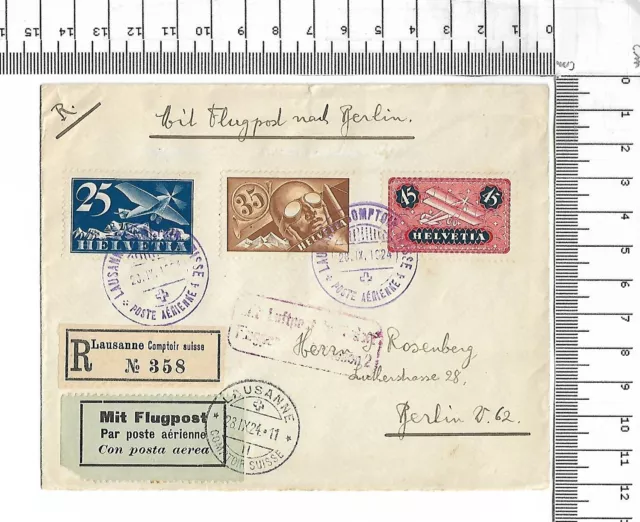 1924 Lausanne Comptoir Suisse nach Berlin par avion roter LUPO Stempel ; 61982