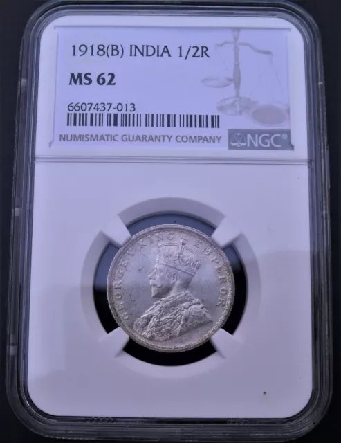 1918 (B) India 1/2 Rupee ,  NGC MS 62 , nice  silver  coin     # 1398, 39-18