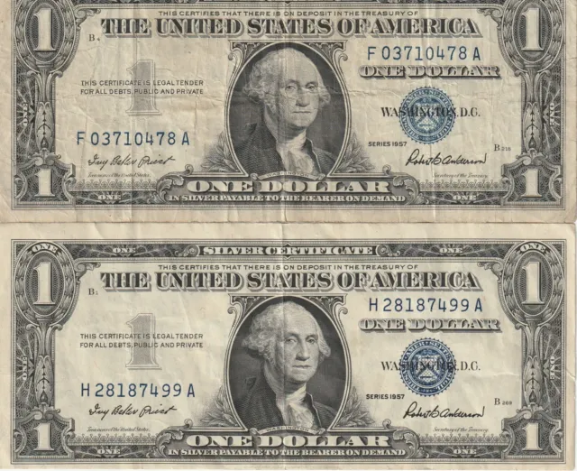 Lot of 2 U. S. $1 Silver Certificates, 1957, Circulated, Blue Seal