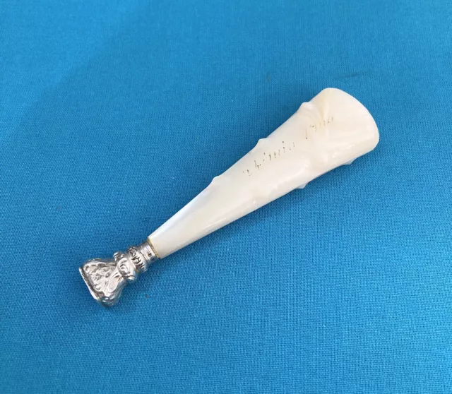 Ancien sceau en ARGENT MASSIF & NACRE cachet de cire tampon bureau collection