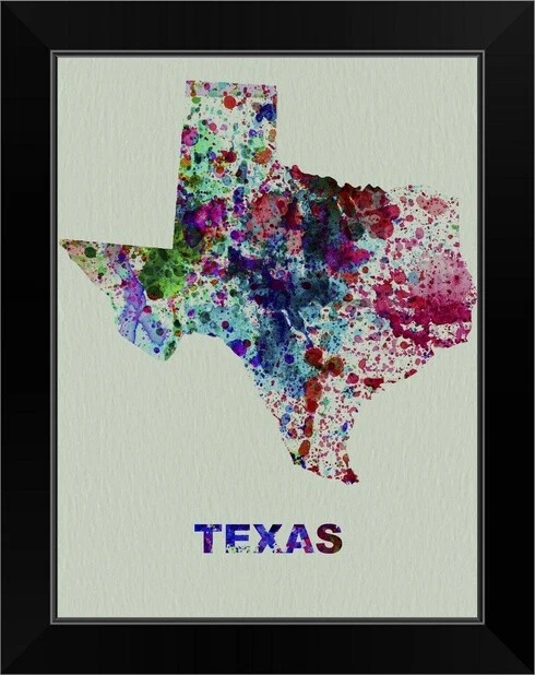 Texas Color Splatter Map Black Framed Wall Art Print, Map Home Decor