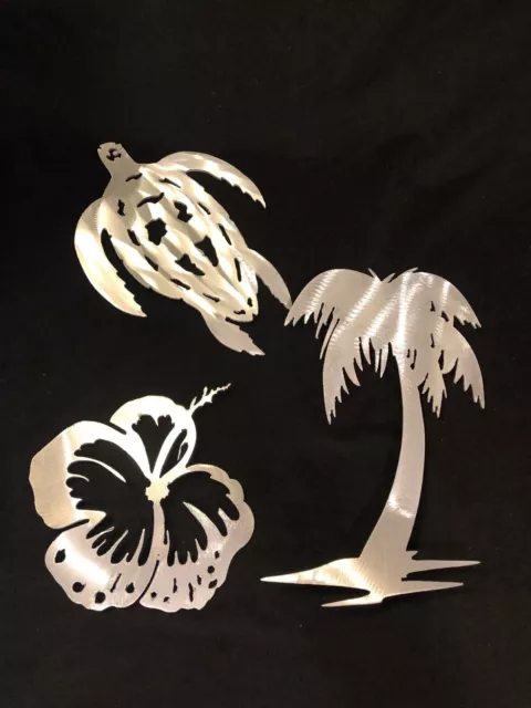 Cut Aluminum Sculpture Wall Art Hawaii Beach Theme Hibiscus Sea Turtle Palm Tree