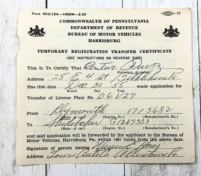1955 COMMONWEALTH PA STATE MOTOR VEHICLE REGISTRATION AUTO Plymouth Studebaker