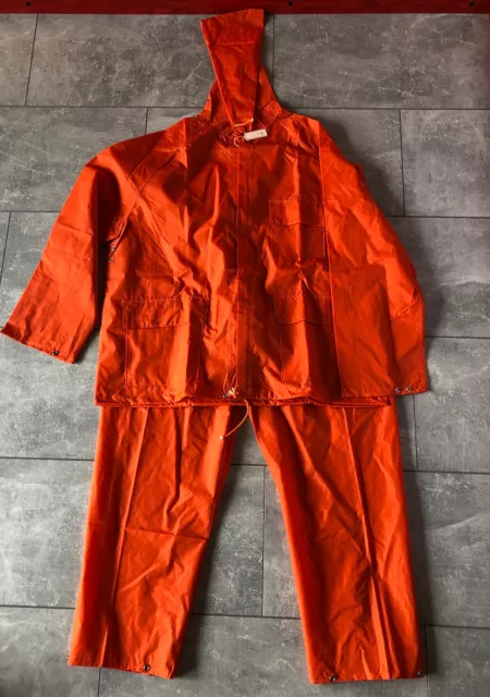 Waterproof Rain Suit Jacket w/Hood and Pants Size S Orange Safety Warning New