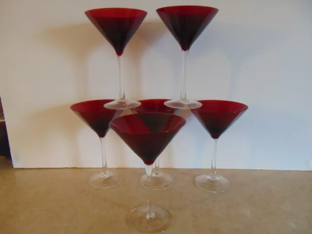 Set of 6 Clear Stemmed Ruby Red Martini Goblets 5 1/2 oz.capacity