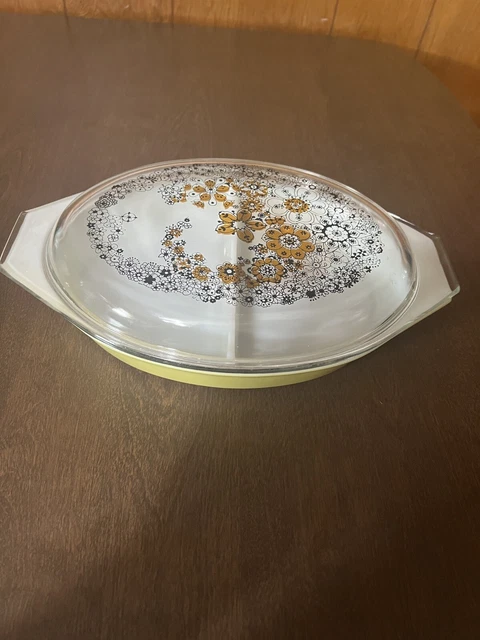 PYREX Floral Bubbles PROMOTIONAL Oval Casserole Lid #945c w yellow divided dish