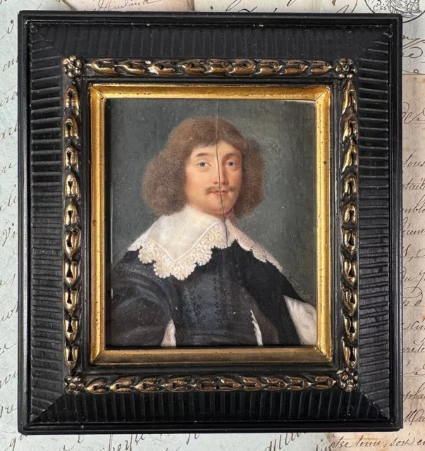 Antique French 17th C Portrait Miniature, Lace Collar Gentleman in Black Silk