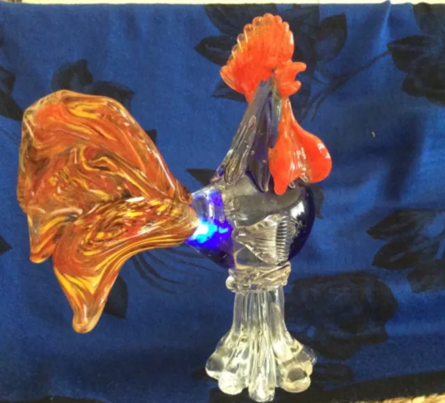 Murano Hand Blown Glass Rooster Clear and Multi- Colored 8 by 12