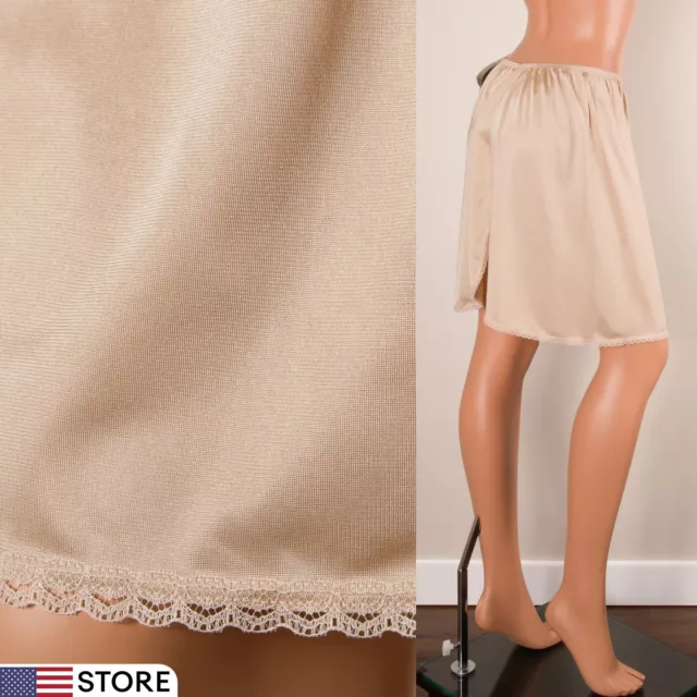 💖 Vintage VANITY FAIR Beige Half Slip Skirt Nylon Slit Lace Trim Deadstock XL