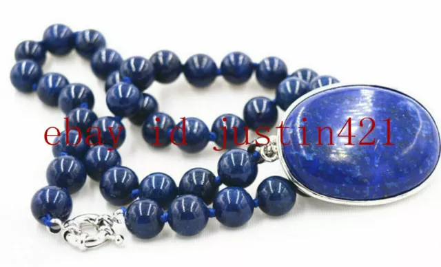 Natural 10mm Blue Egyptian Lapis Lazuli Round Gemstone Pendant Necklace 18'' AAA