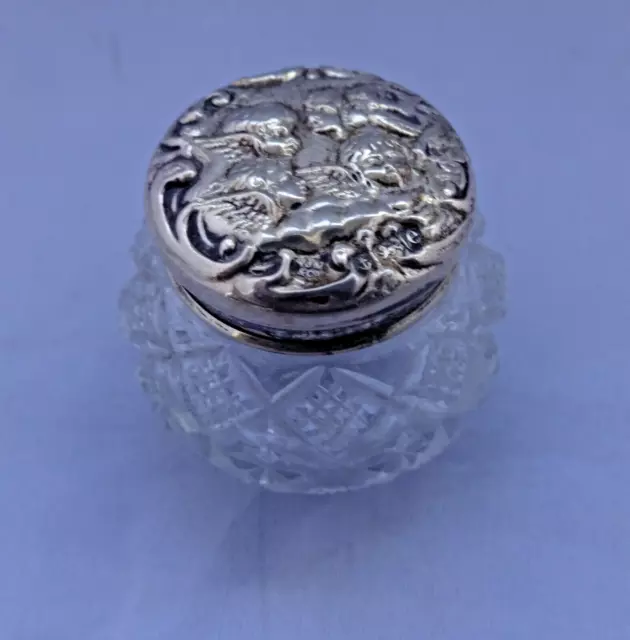 Antique  cherubs design sterling silver lid and glass vanity jar, B/ham 1904