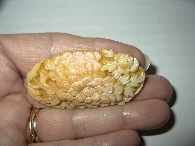 Vintage Carved Flower Celluloid Old Plastic Oval Brooch Pin - C Clasp 2