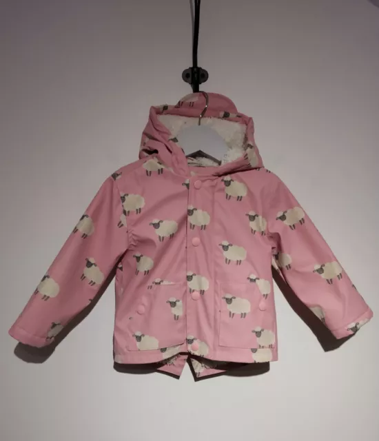 John Lewis Girls Age 12-18 Months Coat Jacket Pink Sheep Pattern Hooded Raincoat