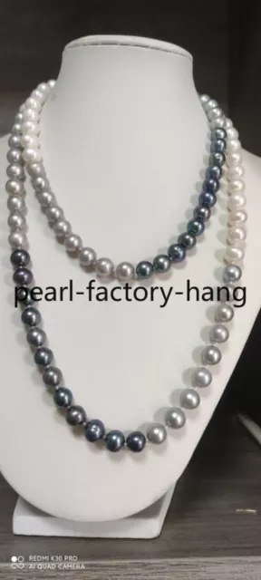 beautiful 38" 10-9MM AAA+ natural SOUTH SEAS BLACK GRAY WHITE PEARL NECKLACE 14K