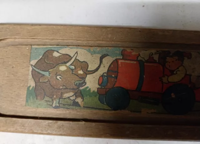 Ancien Plumier plat en bois décor peint, avec 3 compartiments années 50 vintage 3