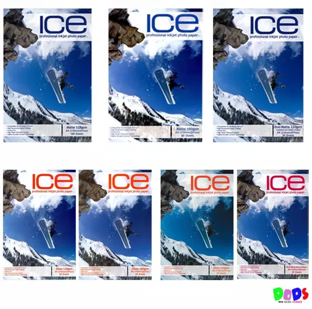 ICE - A4 INKJET PHOTO PRINT PAPER - CHOICES - VARIOUS WEIGHTS - MATTE or GLOSS