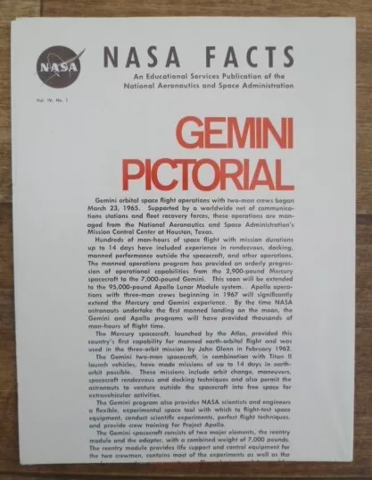 Genuine Rare 1966 NASA Facts Gemini Space Missions Colour Info Brochure Booklet
