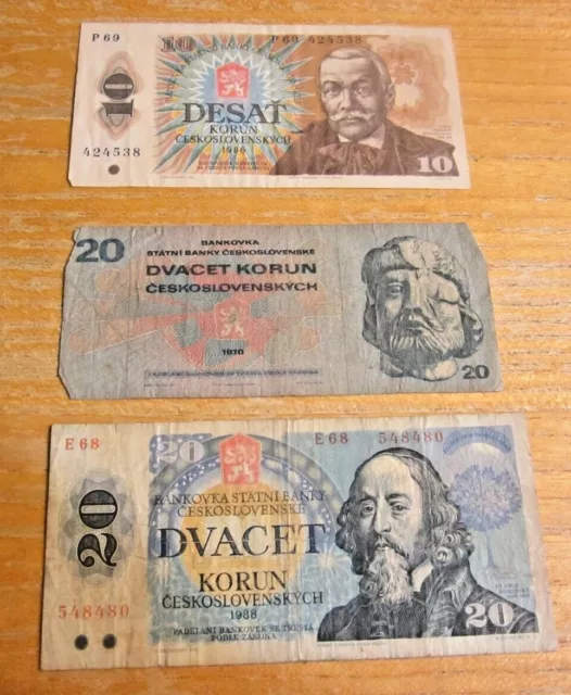 Lot of 3 DIFFERENT Czechoslovakia Korun Banknotes Collectible Currency