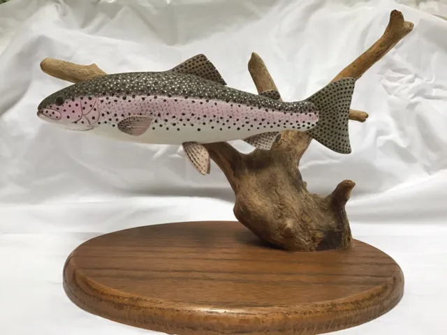 Hand carved Hand painted Wooden rainbow trout fish on stand
