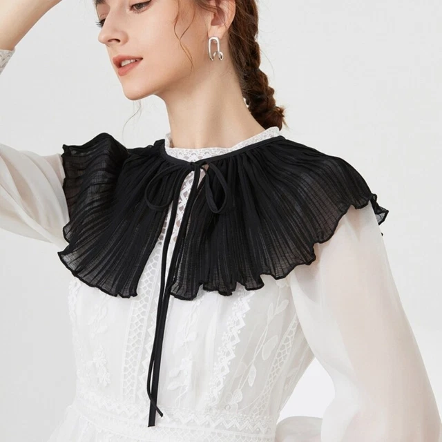 Women Girls Chiffon Collar Pleats Designed Shirt Dress Ornamental Shawl Black