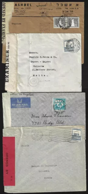 PALESTINE 1940s FOUR CENSORED COVERS TURKEY MALTA & US FROM HAIFA TEL AVIV & JAF