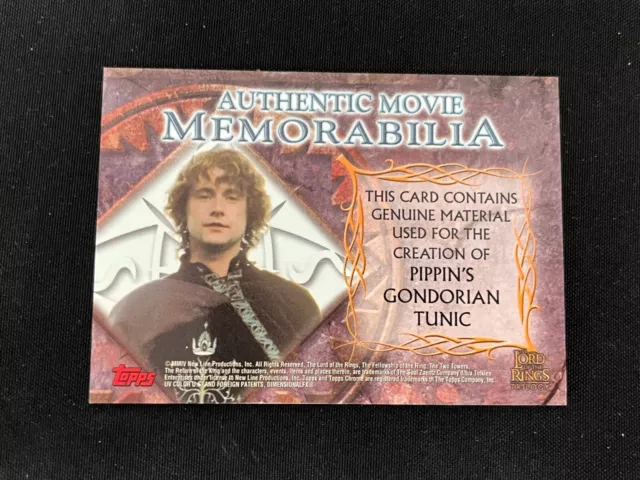 2004 TOPPS LORD of the Rings Trilogy Pippin Gondorian Tunic Patch Card ...