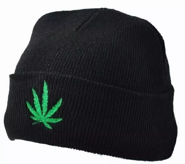 Cannabis Beanie Hat Leaf Black Green Woolly Ski