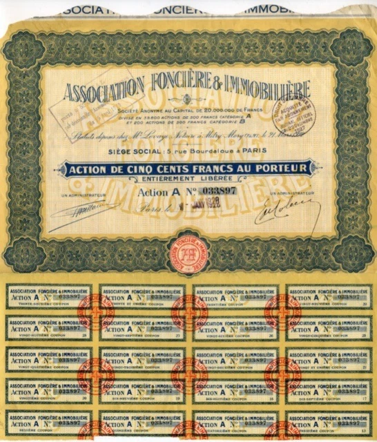 Association Foncière & Immobilière #F8, action 500 francs 1928 avec 20 coupons