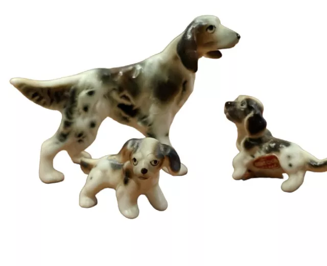Vintage 1950s Porcelain Bone China English Setter Dog with 2 Puppies Japan