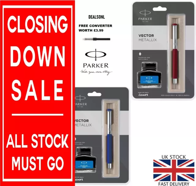 Parker Vector Fountain Pen Black Blue & Red With Free Ink Bottle Parker Metallix