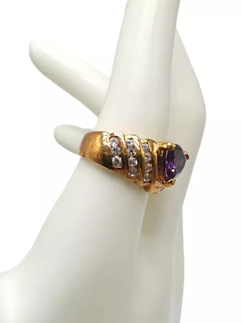 Purple Clear Rhinestone Bling Cocktail Ring Gold Tone Size 8.5 Vintage 3