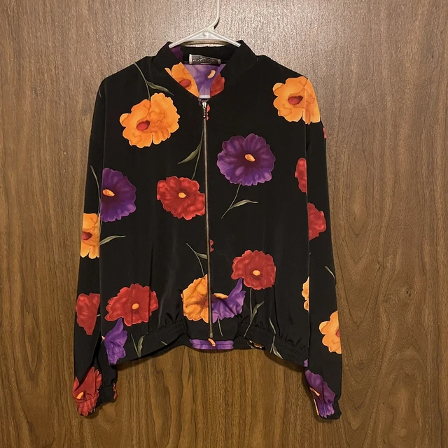 Vintage 80s 90s Kensington Square Bomber Jacket USA Abstract Floral AOP Silk