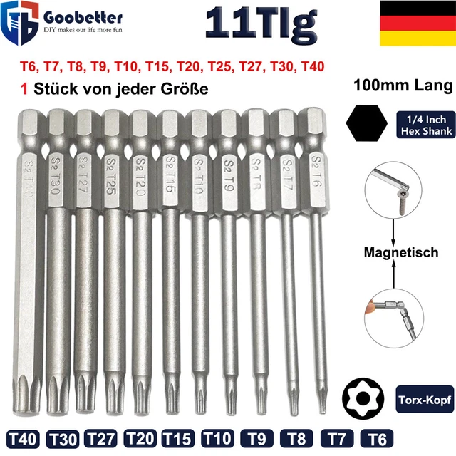 Torx Schraubendreher-Bit Set, 11-teilig T6 Bis T40, 100 Mm Länge, 1/4 Zoll Sechskant, S2 Stahl Magnetisch