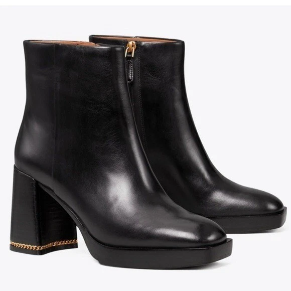 Tory Burch Ruby Platform Square Toe Leather Chain Block Heel Boots