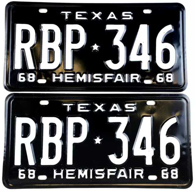 Vintage Texas 1968 Pair Auto License Plate Set Hemisfair Wall Decor Collector