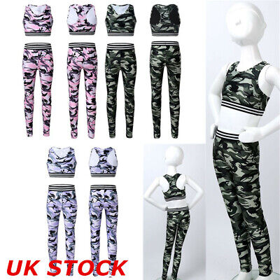 Kids Girls Sports Tracksuit Outfit Camouflage Running Yoga Tops Pants Clothes