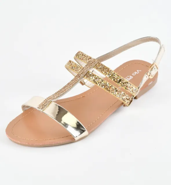 Women's Summer Flat Sandals Slingback Rhinestone Open Toe Faux Leather Sandal