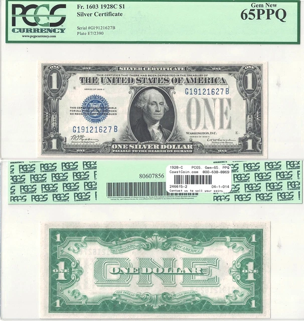 1928-C $1 Silver Certificate "Funny Back" Fr 1603 PCGS Gem New-65 PPQ