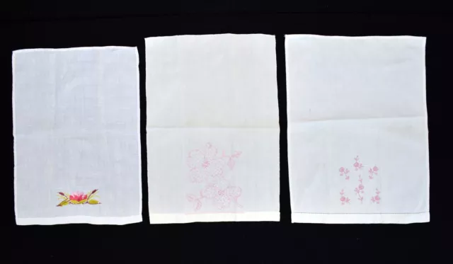 3 Vintage Hand Embroidered Floral 2 Pink 1 Multicolor Linen Hand Towels