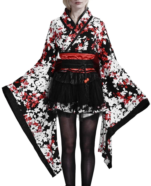 Kimono noir avec fleurs blanches et rouges Pyon Pyon LQ-001